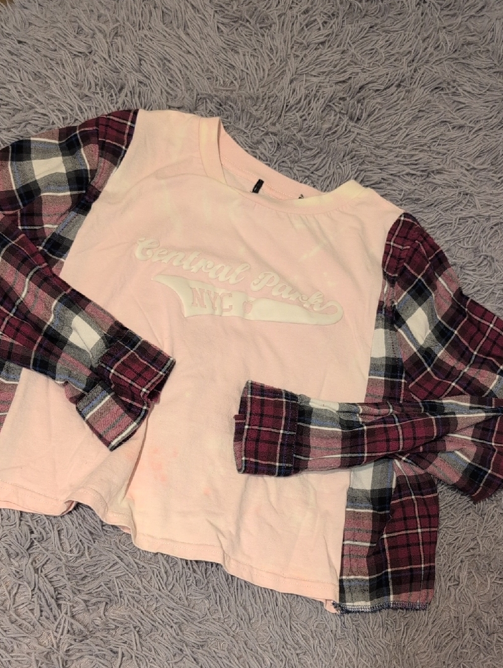 Pink Plaid Sleeve CropTop - Central Park NYC Graphic